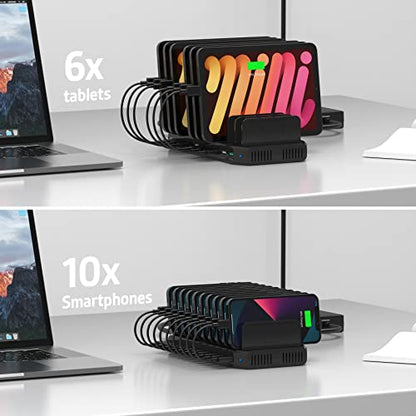 Alxum USB Charging Station with QC 3.0, 10 Port Multi-Device Charging Dock - color: Black, size: 60W-10 QC3.0