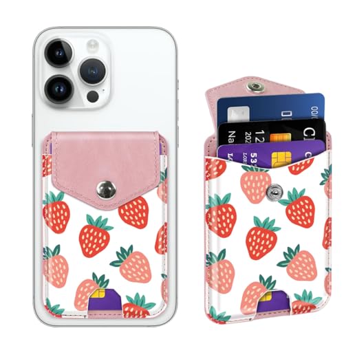 Self Adhesive Card Holders for Back of Phone, Leather RFID Phone Wallet Pockets with Snap, Card Holders Sleeve for Phone Case, Strawberry - color: Strawberry Pattern