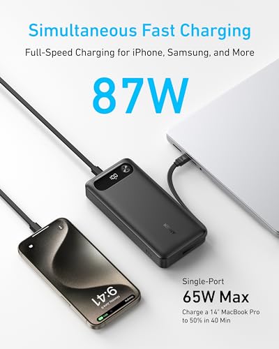 Anker Power Bank, 20,000mAh Travel Essential, Built-in USB-C Cable(Black) - color: Black