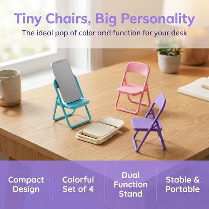 4Pcs Mini Folding Chair Phone Stand, Candy Color Portable Foldable Mobile Holder, Cute Creative Desk Accessory for Cellphones
