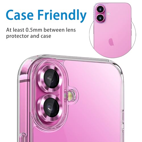 Designed for iPhone 16 and 16 Plus Camera Lens Protector, Metal Lens Cover 9H Tempered Glass Camera Cover Anti Scratch Shockproof Screen Protector - color: Pink