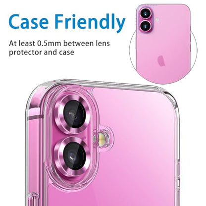 Designed for iPhone 16 and 16 Plus Camera Lens Protector, Metal Lens Cover 9H Tempered Glass Camera Cover Anti Scratch Shockproof Screen Protector - color: Pink