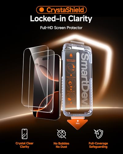 SMARTDEVIL 2 Pack for iPhone 16 Pro Screen Protector, 9H Hardness Military Grade Shatterproof, HD Clear Tempered Glass with Auto Dust-Elimination, Bubble Free, Easy Installation, Case Friendly | 9H Hardness Military Grade Shatterproof, HD Clear Tempered G
