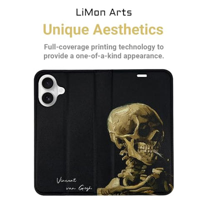 Cute Art Leather Case for iPhone 16 (6.1") Wallet Cover | Magnetic Closure Flip Folio Cover, with Card Slot and Kickstand, Halloween Black Cool Stylish Van Gogh Head of a Skull - color: Van Gogh-Head of a Skull, size: iPhone 16 (6.1 Inch)