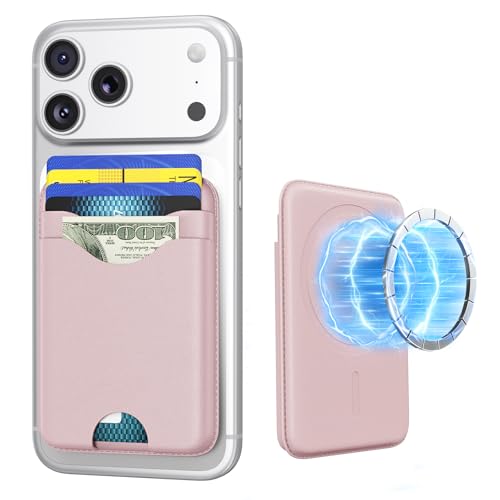 for Magsafe Wallet Magnetic Card Holder - Strong RFID Leather Card Pocket with Magnet, Compatible with iPhone 12/13/14/15/16/17 Series, Not for mini，Pink - color: Pearl Pink