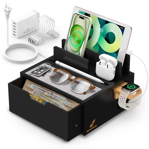 Pezin & Hulin Bamboo Charging Station with Power Charger & Cables-Natural - color: #2 Bamboo- Black(With Charger)