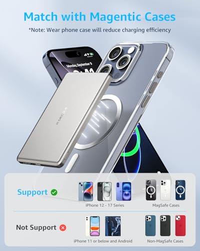 “Air” Power Bank for MagSafe 5000mAh Ultra Slim Battery Charger Case | Magnetic Wireless Portable Battery Charger Case with USB-C Cable, Compatible with iPhone 17/16/15/14/13/12 Series Only Sliver - color: Silver