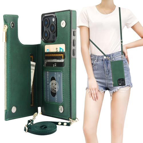 Bocasal Crossbody Wallet Case with Strap for iPhone 16 Pro Max, Green | RFID Blocking Card Slot Holder, Magnetic Flip Folio Purse Case, PU Leather Zipper Handbag Detachable Lanyard Strap 6.9 Inch - color: Green