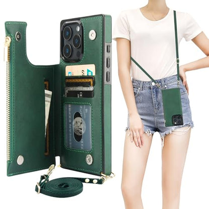 Bocasal Crossbody Wallet Case with Strap for iPhone 16 Pro Max, Green | RFID Blocking Card Slot Holder, Magnetic Flip Folio Purse Case, PU Leather Zipper Handbag Detachable Lanyard Strap 6.9 Inch - color: Green