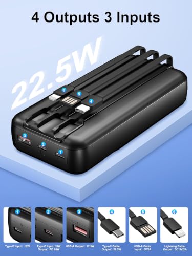 Portable Charger 20000mAh with Built-in Cables for iPhone/Android, 22.5W Fast Charging Power Bank, Lightweight External Battery Pack - color: Antique Black