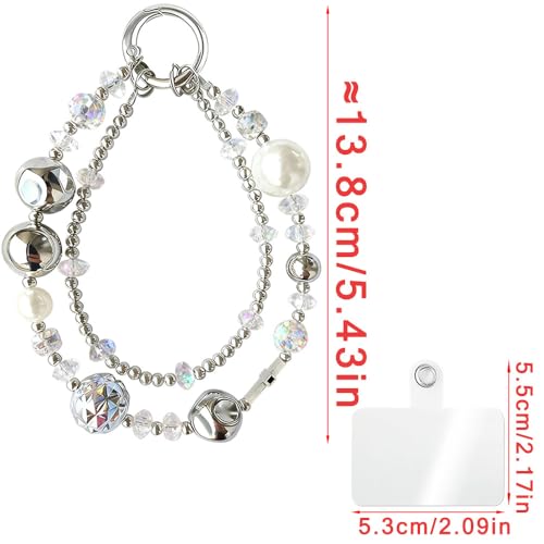 Luxury Pearl Phone Wrist Strap Crystal Diamond Beaded Keychain Wristlet for Phone Chain Wristlet Glitter Rhinestone Cellphone Lanyard Dual Chains Phone Strap Wrist Keychain Bag Charms for Handbags