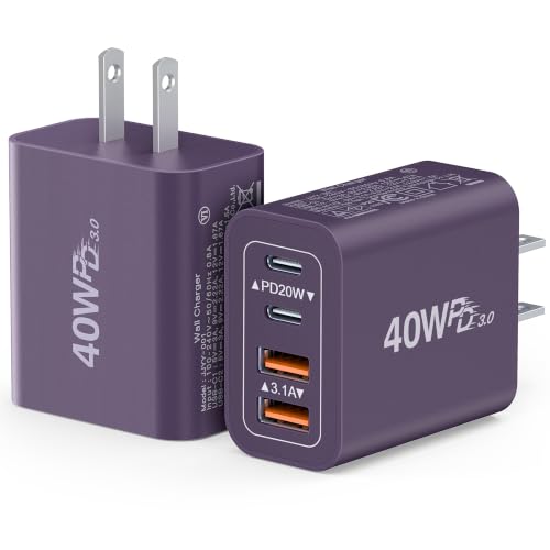 [2Pack] 40W USB C Plug,4-Port Fast Charger Block PD+QC 4 Port Charger Cube Wall Charging Box Brick for Samsung Galaxy S22/S21+/S21 Ultra,Magsafe Wireless Charger,iPhone 16/16 Pro Max/15/14/13(Purple) - color: Purple