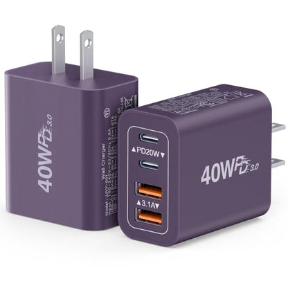 [2Pack] 40W USB C Plug,4-Port Fast Charger Block PD+QC 4 Port Charger Cube Wall Charging Box Brick for Samsung Galaxy S22/S21+/S21 Ultra,Magsafe Wireless Charger,iPhone 16/16 Pro Max/15/14/13(Purple) - color: Purple