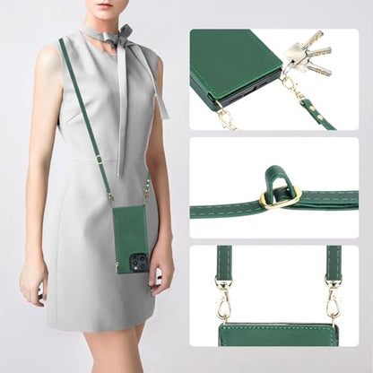 Bocasal Crossbody Wallet Case with Strap for iPhone 16 Pro Max, Green | RFID Blocking Card Slot Holder, Magnetic Flip Folio Purse Case, PU Leather Zipper Handbag Detachable Lanyard Strap 6.9 Inch - color: Green
