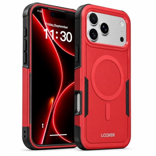 LOOXER® Heavy Duty Rugged Magnetic Case for iPhone 17 Pro (6.3”) | Military Grade Shockproof Protection,MagSafe Compatible+ Tempered Glass Included (Red, 17 Pro) - color: Red, size: 17 Pro