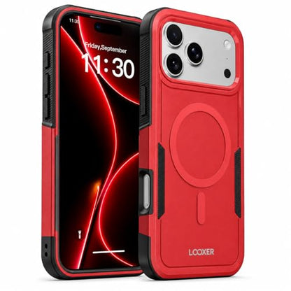 LOOXER® Heavy Duty Rugged Magnetic Case for iPhone 17 Pro (6.3”) | Military Grade Shockproof Protection,MagSafe Compatible+ Tempered Glass Included (Red, 17 Pro) - color: Red, size: 17 Pro