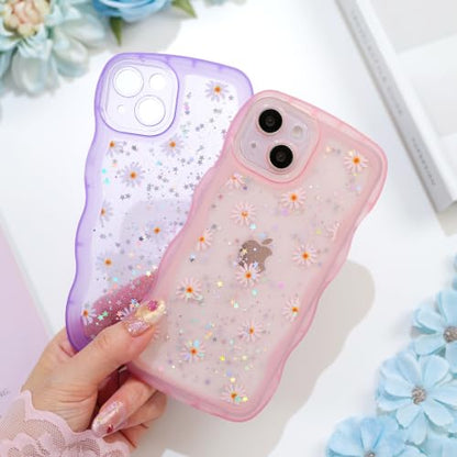 Glitter case for iPhone 13/14 Flowers Pink | Bling Sparkle Glitter，Flowers，Full Protection Soft TPU，Kawaii Cute Phone Case for Women Girls - color: Flowers Pink