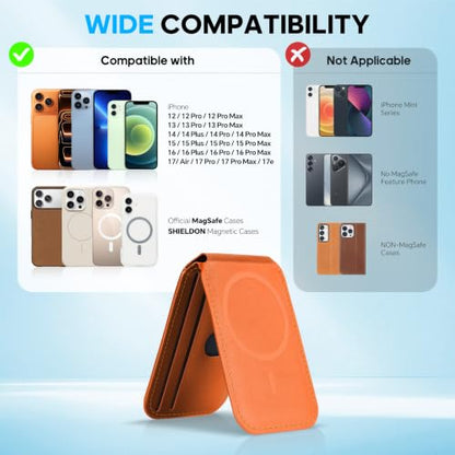 SHIELDON Genuine Leather for MagSafe Wallet Stand, 6 Card Holders, Orange - color: Orange