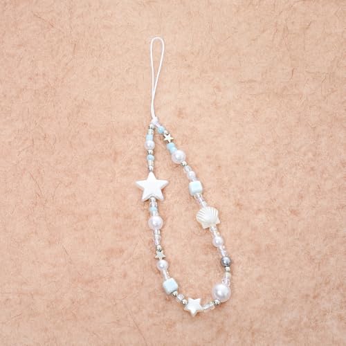 Cute Beaded Camera Wrist Strap for Phone, Digital Camera Charm Lanyard, Pearl Beaded Chain for Bag Keychain Gift - color: White Star