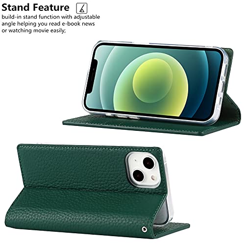 iCoverCase Compatible with iPhone 13 Wallet Case, RFID Blocking Genuine Leather Magnetic Case with Wrist Strap and Card Slots Kickstand Feature Flip Cover 6.1 Inch (Green) - color: Green, size: iPhone 13