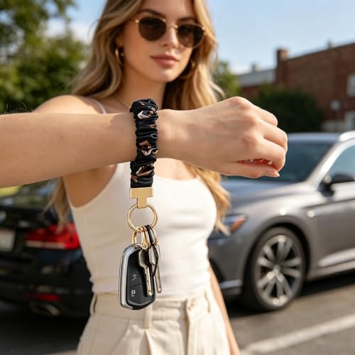 Blue Floral Scrunchie Wristlet Keychain– Tarnish-Resistant Key Ring - color: Black