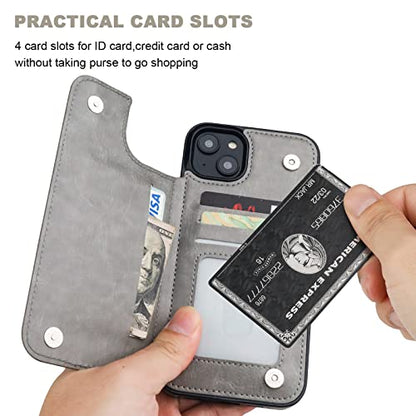 ONETOP for iPhone 14 Plus Wallet Case with Credit Card Holder,Gray | Kickstand,ID/Cash Holder,Case Wallet with Card Slots,Double Magnetic Clasp,Durable PU Leather Shockproof Cover for Women Men - color: Gray