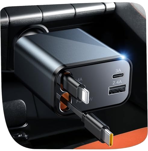 Temdan Retractable Car Charger,75W Fast Charger USB C Car Truck Accessories - color: Grey/C+L