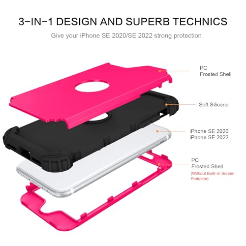 BENTOBEN for iPhone SE 2022 Case and iPhone SE 2020 Case, Heavy Duty 3 in 1 Full Body Rugged Shockproof Hybrid Hard PC Soft Rubber Case for iPhone SE 3rd/2nd Gen, Hot Pink/Black Design - color: Black/Hot Pink