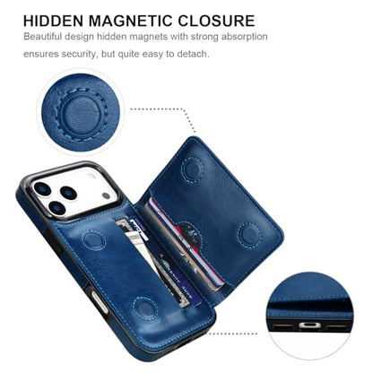 KIHUWEY Compatible with iPhone 17 Pro Max Wallet Case Credit Card Holder, Premium Leather Kickstand Flip Hidden Magnetic Clasp Durable Shockproof Protective Cover for 6.9 inch (Blue) - color: Blue