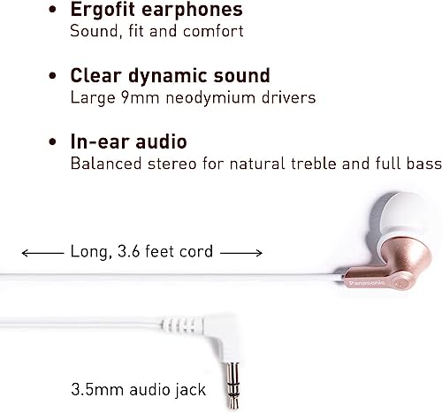 Panasonic ErgoFit Wired Earbuds, In-Ear Headphones with Dynamic Crystal-Clear Sound and Ergonomic Custom-Fit Earpieces (S/M/L), 3.5mm Jack for Phones and Laptops, No Mic - RP-HJE120-N (Rose Gold) - color: Rose Gold, size: S/M/L, style: No Mic