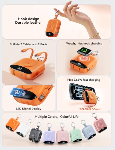 Portable Charger 10000mAh 22.5W Power Bank Built-in 2 Cables Keychain - color: Orange