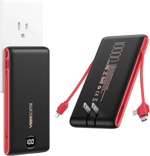 VEEKTOMX Portable Charger with Built-in Cables and AC Wall Plug, 10000mAh - color: Black Red