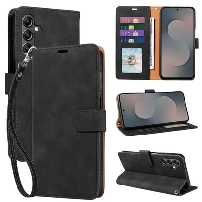 RFID Blocking for Samsung Galaxy S25 FE Case Wallet (Black) | 4 Card Slots, Soft PU Leather, TPU Inner Shell, Wrist Strap, Stand, Magnetic Folio Flip Cover, Shockproof Protective - color: Black