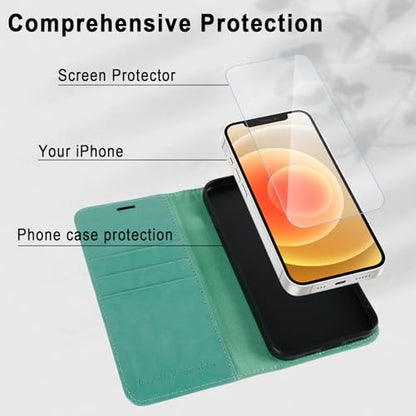 MONASAY Wallet Case Compatible for iPhone 12 mini 5G 5.4-inch,[Glass Screen Protector Included] [RFID Blocking] Flip Folio Leather Cell Phone Cover with Credit Card Holder, Mint - color: Mint
