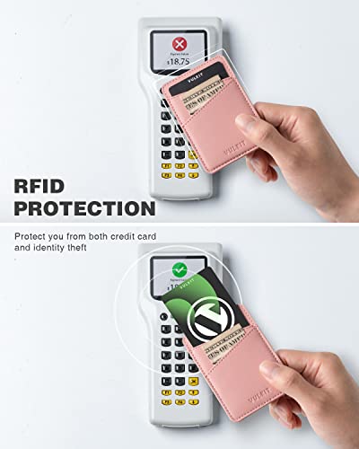 VULKIT Phone Card Holder Wallet Leather Adhesive Pocket RFID Blocking Credit Card Sleeves Stick Back of Phone Smartphones - color: Rose