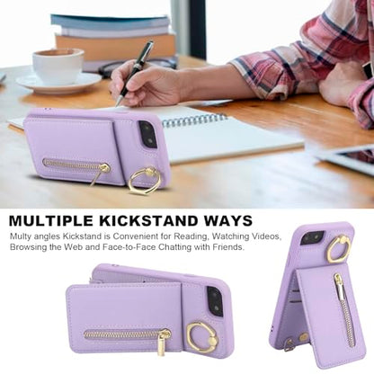 Crossbody Wallet Case for iPhone 7/8/SE 2020/SE 2022, with Card Slots Zipper Pocket Case, Flip Folio Purse RFID Blocking with Ring Kickstand Detachable Strap-Purple - color: Purple, size: iPhone 7/8/SE 2020/SE 2022 (4.7")