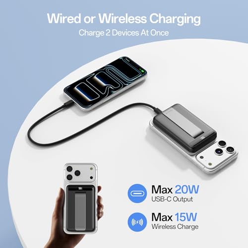 iWALK Qi2 Certified 15W Magnetic Wireless Power Bank, 10000mAh Fast Charging Portable Charger with Adjustable Stand and LED Display, Compatible with iPhone 18/17/16/15/14/13/12 - color: black