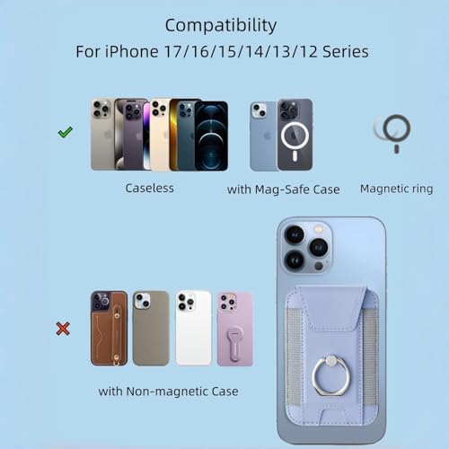 Magnetic Card Wallet Holder For Magsafe Wallets with Grip, 7 Cards Holder RFID Blocking, Ring Stand Stick on Wallet, Leather Magnetic Phone Wallet with Privacy Flap - color: Light purple elastic circular support