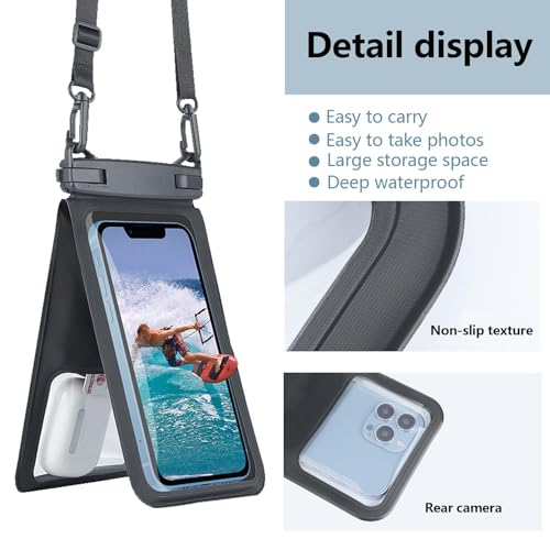 Large Waterproof Phone Pouch, Black+Green, 2-Pack Up to 10" | IPX8, Universal, Double-layered, Dry Bag with Lanyard, Beach Kayak Cruise Travel