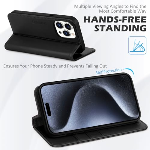 SHIELDON Genuine Leather Wallet Case for iPhone 15 Pro Max 6.7" 2023, Black | Magnetic Closure, RFID Blocking, Credit Card Holder, Kickstand, Folio Book Design, Soft Shockproof Phone Cover - color: Black