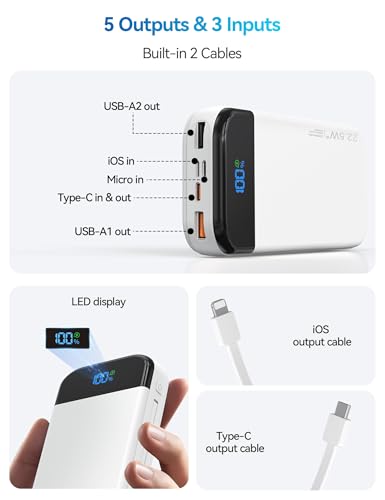 Phone Battery Bank 32000mAh 22.5W w/Built-in Cables & USB C Fast Charging - color: White