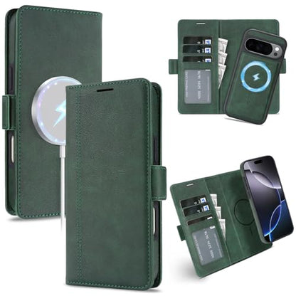 for Google Pixel 10 Pro XL Wallet Case Compatible with Magsafe, 2 in 1 Leather Flip 3 Card Holder Magnetic Detachable Cover Q1 (Green, Google Pixel 10 Pro XL) - color: Green, size: Google Pixel 10 Pro XL
