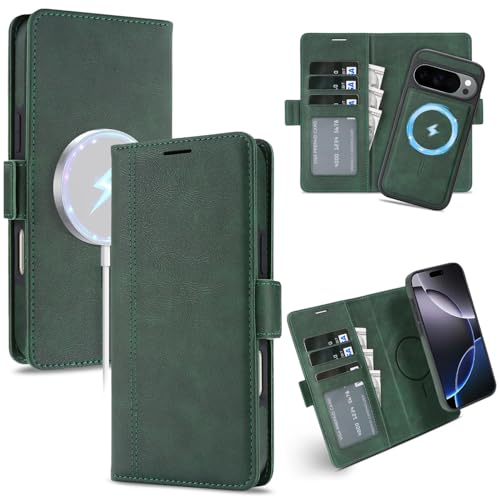 for Google Pixel 10 / 10Pro Wallet Case Compatible with Magsafe, 2 in 1 Leather Flip 3 Card Holder Magnetic Detachable Cover Q1 (Green, Google Pixel 10 / 10Pro) - color: Green, size: Google Pixel 10 / 10Pro