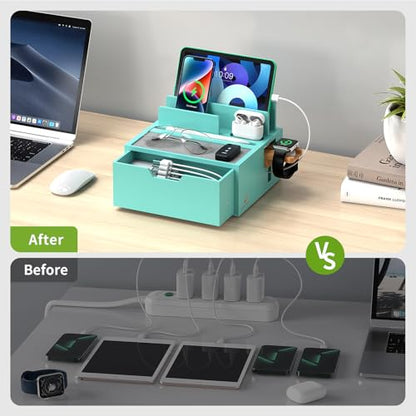 Pezin & Hulin Bamboo Charging Station with Power Charger & Cables-Teal - color: #3 Bamboo- Teal(With Charger)