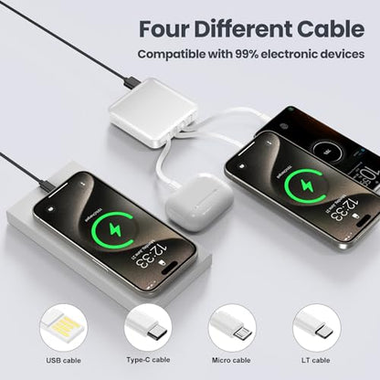 ummz Mini Portable Charger with Built-in 4 Cables，12000mAh Small Power Bank - color: white