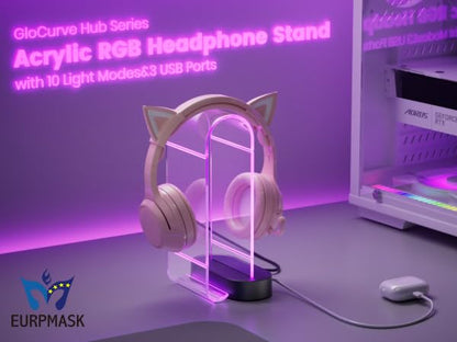 Acrylic RGB Headphone Stand w/USB Ports - Eurpmask Gaming Headset Holder| 10 Light Effect| 1 USB-C & 2 USB-A Ports| PC Gaming Accessories with RBG Light for Gamers| Clear Headset Stand for Desk-Clear