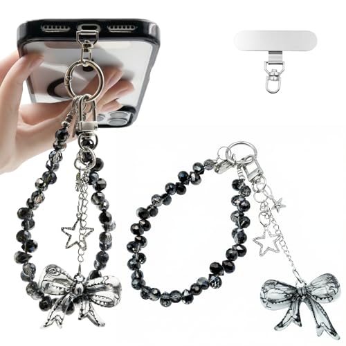 Crystal Beaded Phone Wrist Strap, Cute Cellphone Lanyard Chain, Bow Keychain Wristlet Bag Charms for Women - color: Bow/Black