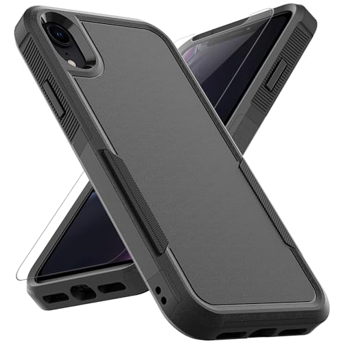 for iPhone XR Case: Dual Layer Protective Heavy Duty Cell Phone Case Shockproof Rugged Bumper Tough with Screen Protector - 16ft Military Grade Drop Tested for Appple iPhone XR (6.1 inch), Black - color: Black (PC) + Black (TPU)