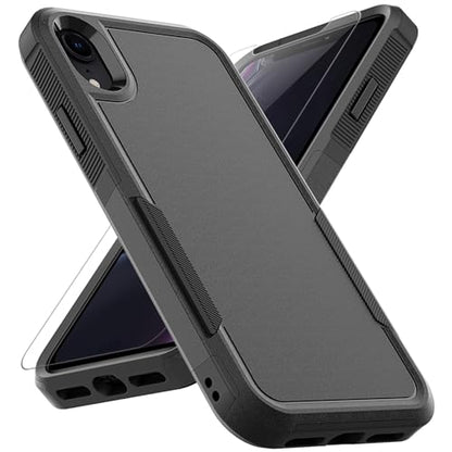 for iPhone XR Case: Dual Layer Protective Heavy Duty Cell Phone Case Shockproof Rugged Bumper Tough with Screen Protector - 16ft Military Grade Drop Tested for Appple iPhone XR (6.1 inch), Black - color: Black (PC) + Black (TPU)