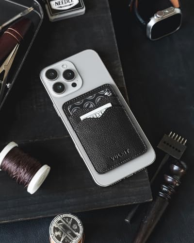 VULKIT Stick on Card Holder Compatible for iphone Leather Cell Phone Wallet Credit Card Case Strong Sticker for Women - color: Genuine Black